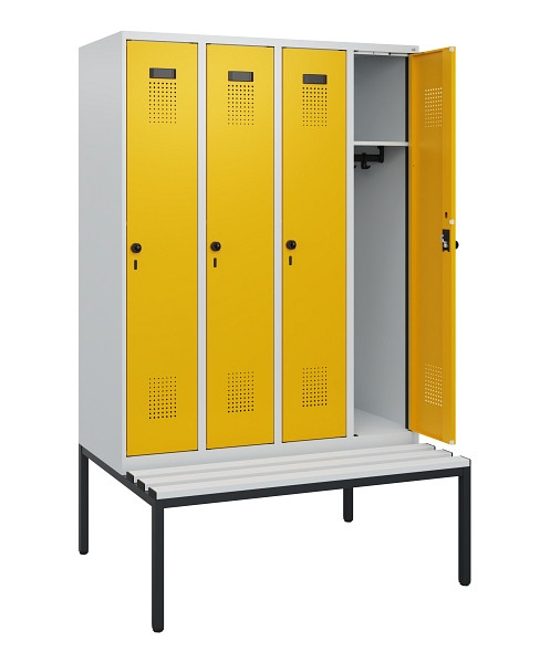 C+P Spind Evolo PLUS, 4 Abteile, 1950x1200x815mm, 7035/1004, Drehriegel, Sitzfläche Kunststoff, Sitzbank, 0490505-40 S10054