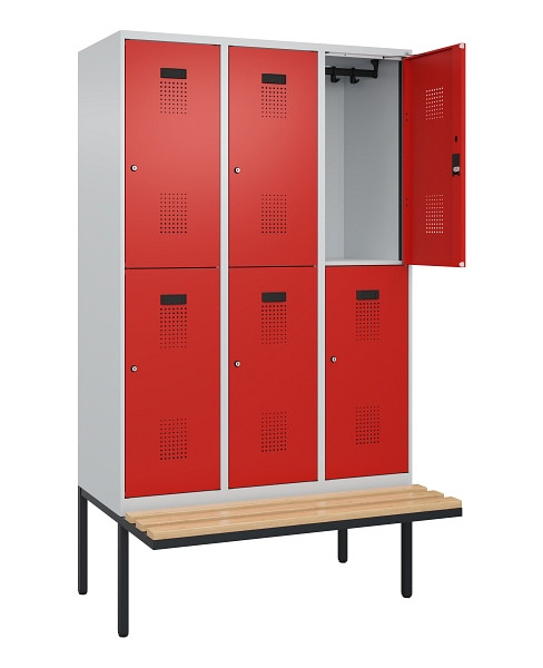 C+P Doppelstock-Spind Evolo PLUS, Bank, 6 Fächer, 2120x1200x815mm, 7035/3020, Zylinderschloss, Sitzfläche Buche-Hartholz, 0493407-32 S10032
