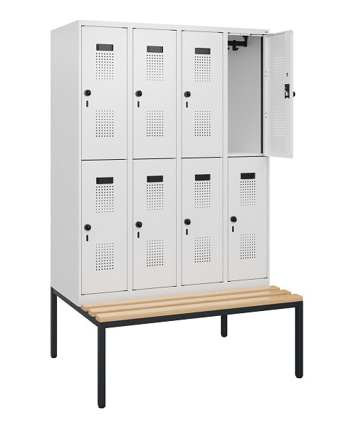 C+P Doppelstöckiger Spind Evolo PLUS, Bank, 8 Fächer, 1950x1200x815mm, 9016/9016, Drehriegel, Sitzfläche Buche-Hartholz, Sitzbank, 0493505-40 S10023