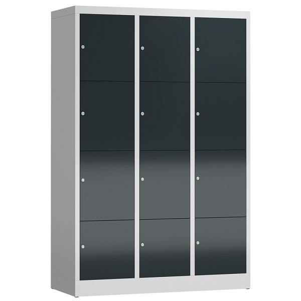 Lüllmann ClassiX Schließfachschrank, 3 Abteile à 4 Fächer, 1800 x 1185 x 500 mm, lichtgrau/anthrazitgrau, X-523438