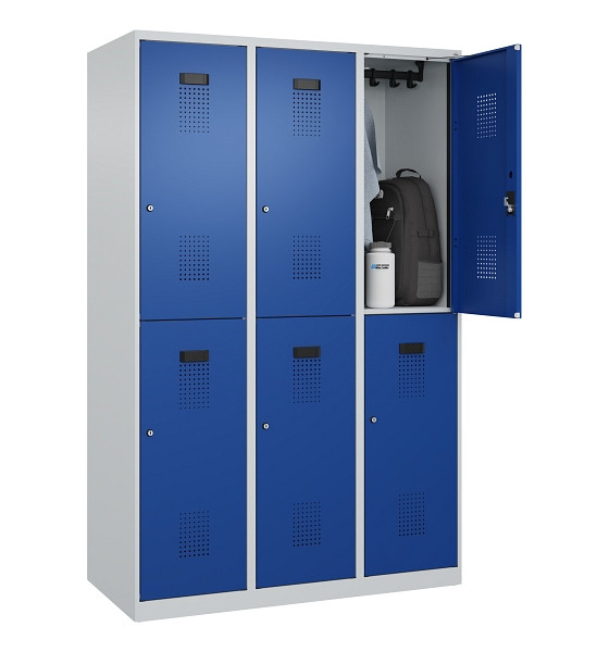 C+P Doppelstöckiger Spind Evolo PLUS, 6 Fächer, 1850x1200x500mm, 7035/5010, Zylinderschloss, 049300-32 S10033