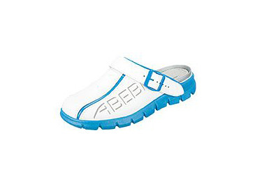 ABEBA Berufsschuhe Dynamic Clog weiß/ blau mit Aufdruck, OB, Fersenriemen klappbar, verstellbar, Glattleder, 7312-47
