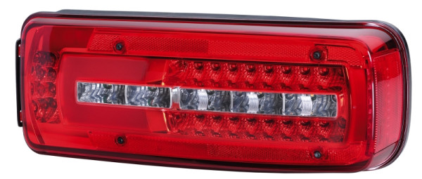HELLA Heckleuchte, Truck Full LED, LED, 24V, Anbau/geschraubt, ECE/ADR/GGVS, Lichtscheibenfarbe: glasklar/rot, links, 2VD 012 381-251