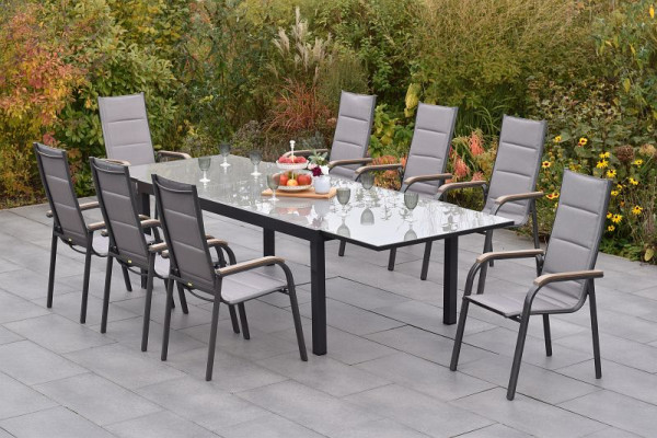 Merxx Triviero Set 9-teilig, 8 Stapelsessel, gepadded, 1 Semi Ausziehtisch, 200 (300) x 110 cm, graue Glasplatte, graphit/diamantbraun, 50302-217