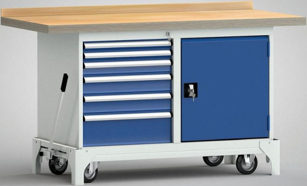 KLW fahrbare Profi-Werkbank, 1500 x 700 x 871 mm L x B x H, mit Buchen-Multiplexplatte, mit Rückbrett, WP782N-1500M45-E0012