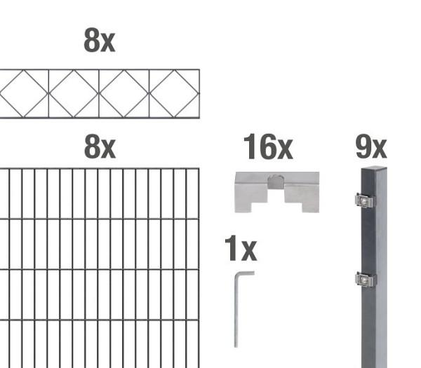 Alberts Doppelstab-Gittermattenset 2 m mit Dekorelement Design Bergen, Stahl, verzinkt anthrazit RAL 7016, Zaunmaße: 16 m x 1400 mm, 668747