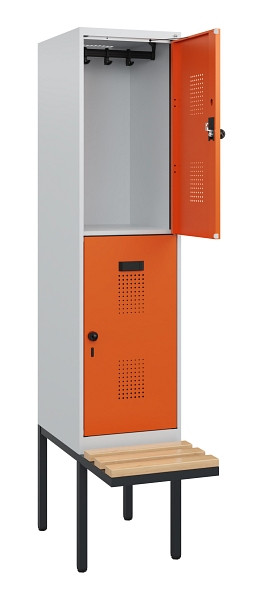 C+P Doppelstock-Spind Evolo PLUS, Bank, 2 Fächer, 1950x400x815mm, 7035/2004, Drehriegel, Sitzfläche Buche-Hartholz, 0493405-12 S10002