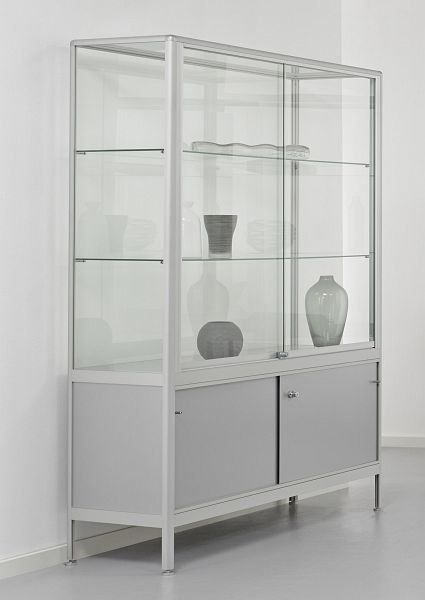 BST Staufachvitrine mit Alurahmen, 2 Böden, Unterschrank, Schiebetüren, 1500x500x1950mm (BxTxH), NICE-VA01555 (VS1505)