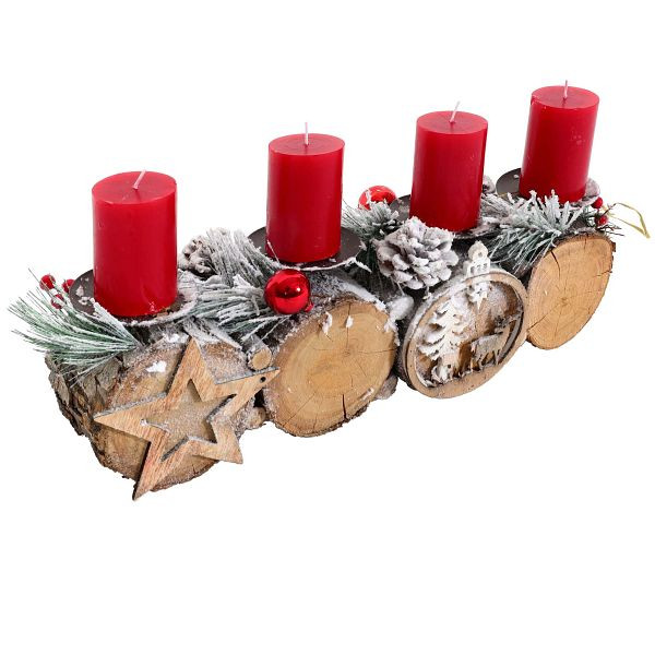 Mendler Adventsgesteck HWC-M14 mit Kerzenhalter, Adventskranz Weihnachtsgesteck Holz FSC® 12x41x12cm, mit Kerzen, 103806