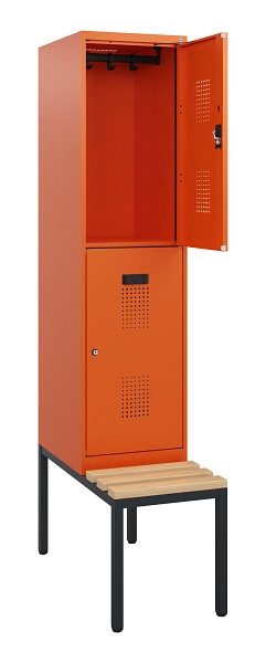 C+P Doppelstöckiger Spind Evolo PLUS, Bank, 2 Fächer, 1950x400x815mm, 2004/2004, Zylinderschloss, Sitzfläche Buche-Hartholz, Sitzbank, 0493505-12 S10067