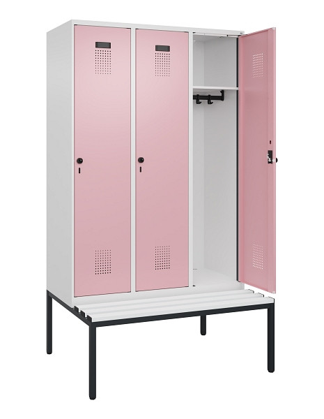 C+P Spind Evolo PLUS, 3 Abteile, 2120x1200x815mm, 9016/3015, Haken 4, Drehriegel, Sitzfläche Kunststoff, Sitzbank, 0490507-32 S10072