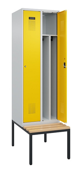 C+P Spind Evolo PLUS, 2 Abteile, 2120x600x815mm, 7035/1023, Zylinderschloss, Sitzfläche Buche-Hartholz, Sitzbank, 0490507-20F S10028