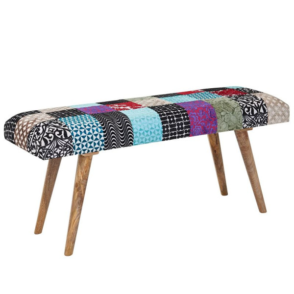 Wohnling Sitzbank Samt/Massivholz Bank Bunt 117x51x38 cm Bettbank Patchwork, Design Polsterbank Flur Modern, Gepolsterte Stoffbank Esszimmer, WL6.477