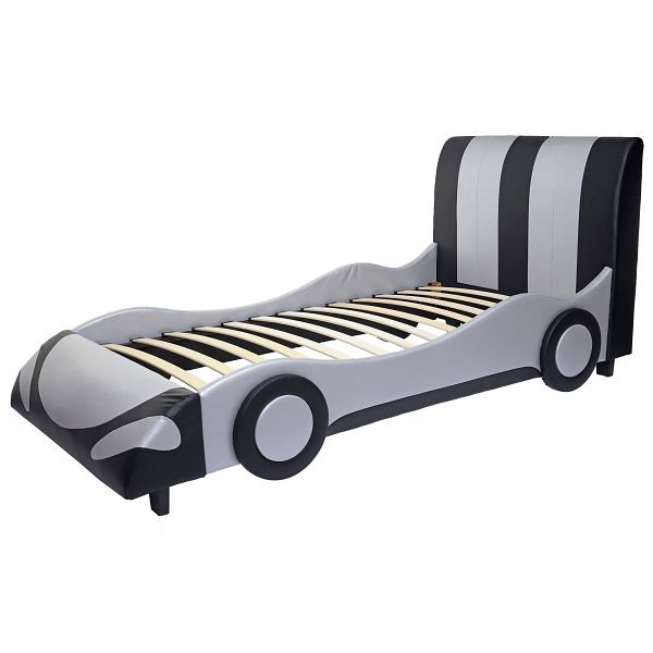 Mendler Bett HWC-E14, Auto Junge Kinderbett Jugendbett, Lattenrost Kunstleder Holz 190x100cm, schwarz-silber, 65055+65056+65057