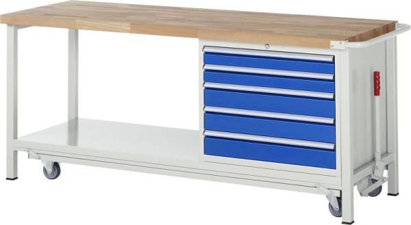 RAU Absenkbare Werkbank 8000 - Modell 8271, B2000 x T700 x H880 mm, Unterbau-Container rechts, 5x Schubladen: 2xH90, 3xH120 mm, 05-8271A6-207B4F.11