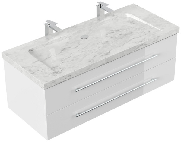 Posseik Badmöbel Marmor Carrara White YAMO 130 cm 2 Hahnlöcher SoftClose weiß hochglanz, YAMO130032000002DE