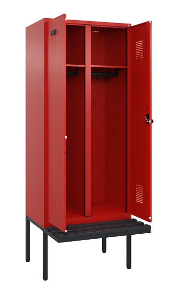 C+P Schwarz-Weiß-Spind Evolo PLUS, Bank, 2 Abteile, 2120x800x815mm, 3020/3020, Drehriegel, Material Sitzfläche Kunststoff, 0490427-22 S10079