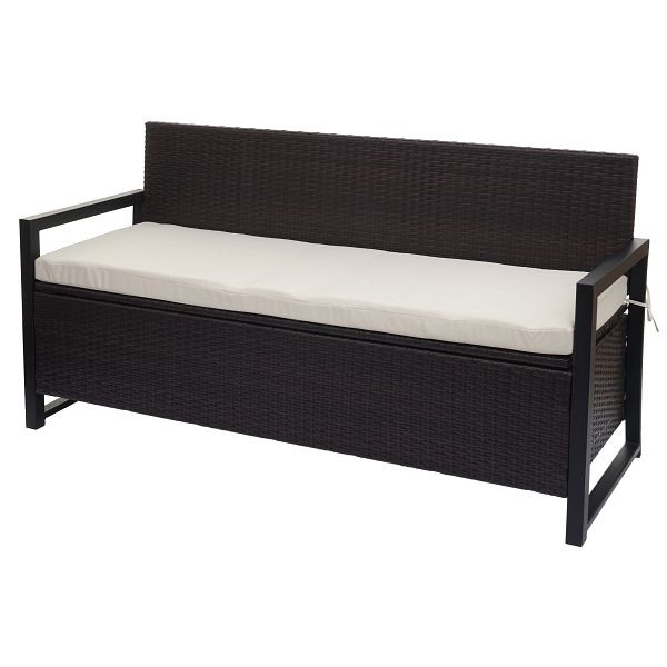 Mendler Poly-Rattan 3er Sitzbank HWC-F39, Gartenbank Truhenbank, Staufach Aufbewahrung Sitzkissen, braun, Kissen creme, 76588+76602