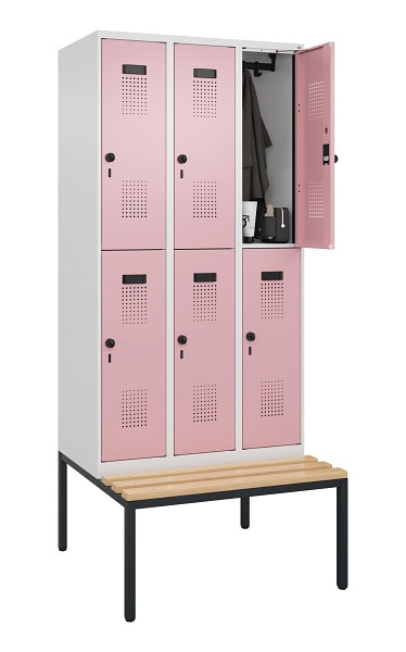 C+P Doppelstock-Spind Evolo PLUS, Bank, 6 Fächer, 2120x900x815mm, 9016/3015, Drehriegel, Sitzfläche Buche-Hartholz, Sitzbank, 0493507-30 S10018