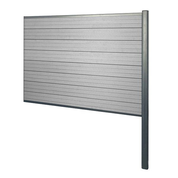 Mendler WPC-Sichtschutz Sarthe, Zaun Windschutz, Alu-Pfosten zum Einbetonieren, Erweiterungselement, 185cm grau, 64888+76231+76234+76258