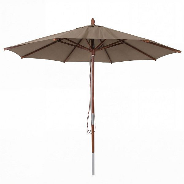 Mendler Gastronomie Holz-Sonnenschirm HWC-C57b, Gartenschirm, Polyester/Holz 14kg, rund Ø3m Seilzug stoßsicher, taupe, 120505
