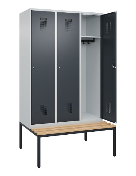 C+P Spind Evolo PLUS, 3 Abteile, 2120x1200x815mm, 7035/7016, Haken 4, Zylinderschloss, Sitzfläche Buche-Hartholz, Sitzbank, 0490507-32 S10039