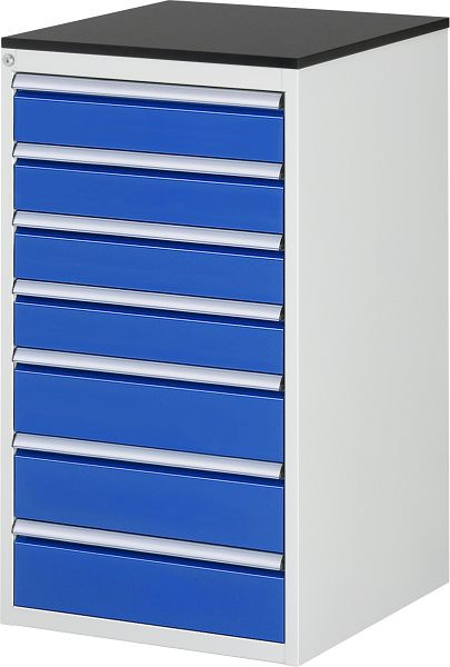 RAU Schubladenschrank Serie 7000, B580 x T650 x H1030mm, Schubladen: 4xH120, 3xH150 mm, Arbeitsplatte mit Melaminharzbeschichtung, 03-L7.10A-M.11