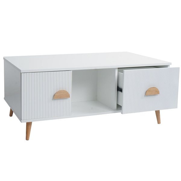 Mendler Couchtisch HWC-N89, Beistelltisch Sofatisch, Schubladen Türen Fächer 3D-Design Melamin Holz, 43x100x60cm, weiß, 109691