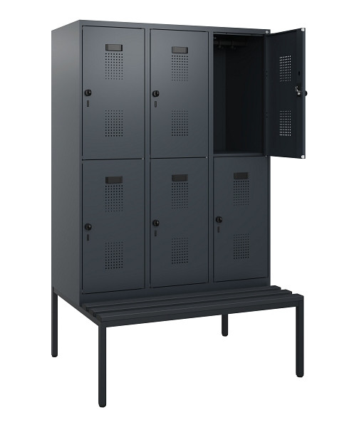 C+P Doppelstöckiger Spind Evolo PLUS, Bank, 6 Fächer, 1950x1200x815mm, 7016/7016, Drehriegel, Sitzfläche Kunststoff, Sitzbank, 0493505-32 S10112
