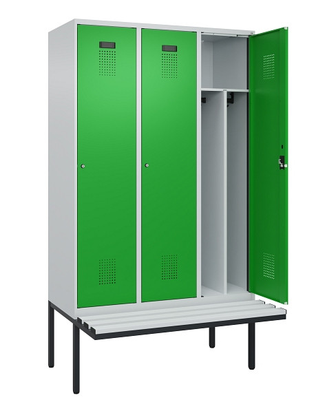 C+P Spind Evolo PLUS, 3 Abteile, 2120x1200x815mm, 7035/6037, Haken 4, Zylinderschloss, Sitzfläche Kunststoff, Trennwand, 0490407-32F S10092