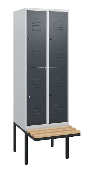 C+P Doppelstöckiger Spind Classic PLUS, 2 Abteile, 1950x600x815mm, 7035/7016, Zylinderschlösser, Buche-Sitzleisten, Sitzfläche, 0803405-20 S10038
