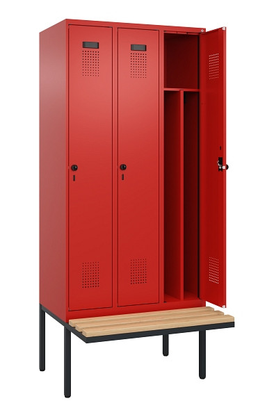 C+P Spind Evolo PLUS, 3 Abteile, 2120x900x815mm, 3020/3020, Haken 4, Drehriegel, Sitzfläche Holz, 0490407-30F S10025