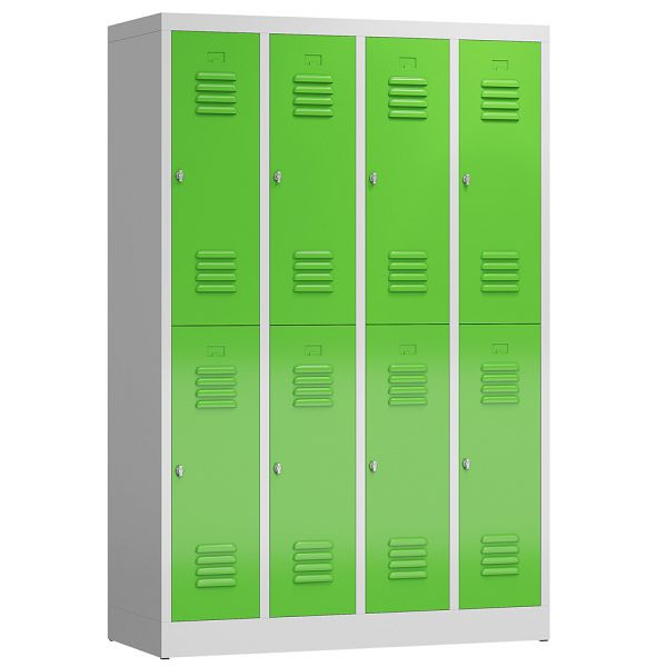 Lüllmann ClassiX Garderobenschrank, 4 Abteile doppelstöckig, 1800 x 1185 x 500 mm, lichtgrau/gelbgrün, X-520245