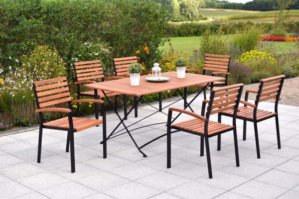 Merxx Schlossgarten Set 7-teilig, 6 Schlossgarten Stapelsessel, 1 Tisch, 160 x 90 cm, Flachstahl mit FSC Eukalyptusbelattung, 50560-217