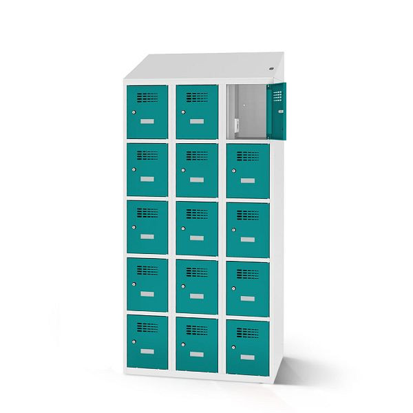 Rotstahl Fächerschrank, 15 Fächer, Stollenfüße, mit Ladefunktion, Schrägdach, Korpus: lichtgrau, Türen: türkisblau, 2180-030500-0902112-7035-5018