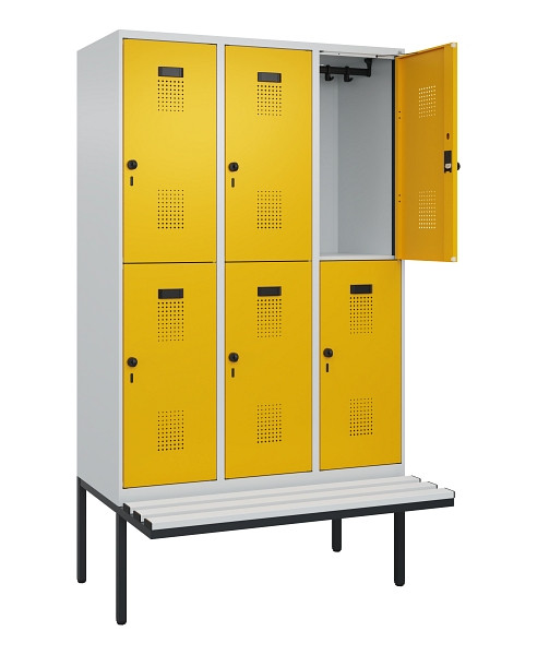 C+P Doppelstock-Spind Evolo PLUS, Bank, 6 Fächer, 2120x1200x815mm, 7035/1004, Drehriegel, Sitzfläche Kunststoff, 0493407-32 S10081