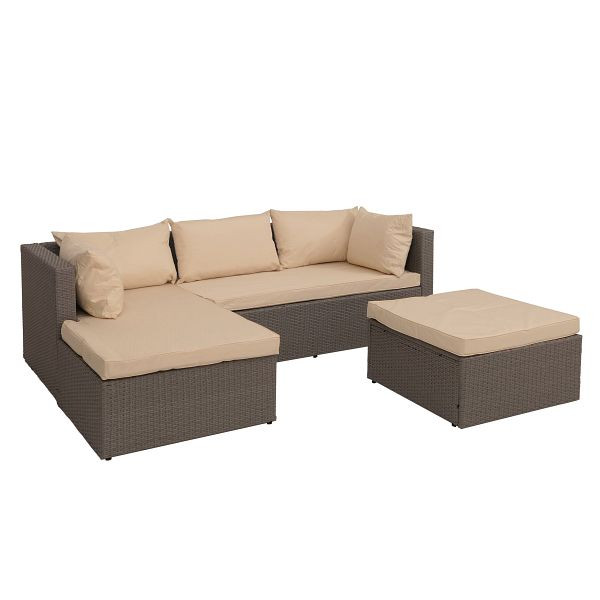 Mendler Poly-Rattan Garnitur HWC-O46, Balkon-/Garten-/Lounge-Set Sofa Sitzgruppe, grau Polster beige, 138564