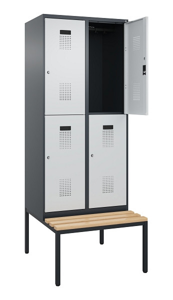 C+P Doppelstock-Spind Evolo PLUS, Bank, 4 Fächer, 2120x800x815mm, 7016/7035, Zylinderschloss, Sitzfläche Buche-Hartholz, Sitzbank, 0493507-22 S10044