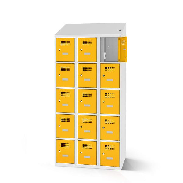 Rotstahl Fächerschrank, 15 Fächer, Stollenfüße, mit Ladefunktion, Schrägdach, Korpus: lichtgrau, Türen: verkehrsgelb, 2180-030500-0902112-7035-1023