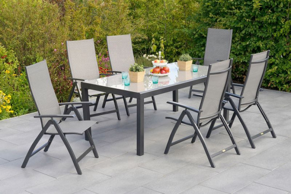 Merxx 7-teilig Vicenza Set, 6 Vicenza Klappsessel, Graphit/grau, 1 Tisch, Halbrundprofil, 190 x 100 cm, Alumiuniumgestell mit Textilbespannung, 50690-217