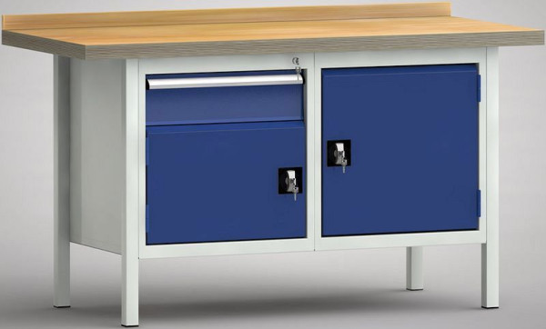 KLW Standard-Werkbank - 1500 x 700 x 840 mm L x T x H, links 150EA/Türe 350 mm, rechts Türe 500 mm, WS177N-1500M40-E7027