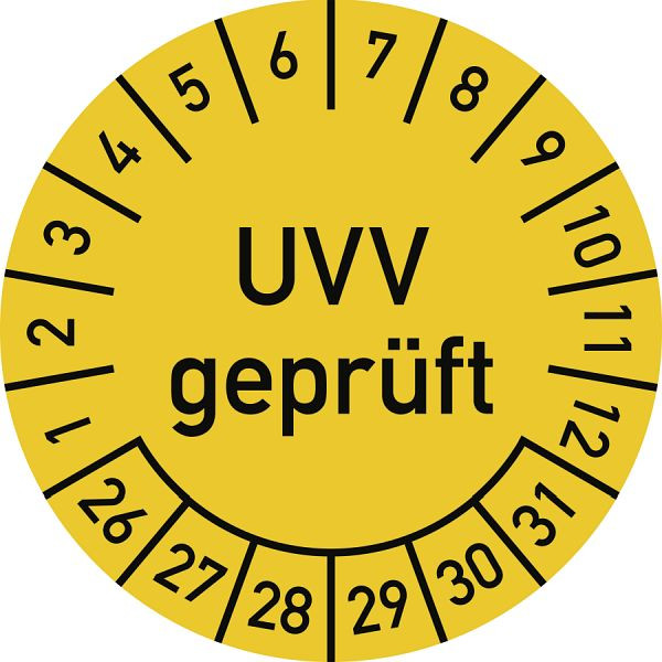 Moedel Prüfplakette UVV geprüft 2026 - 2031, Folie, Ø 30 mm, VE: 10 Stück/Bogen, 107114