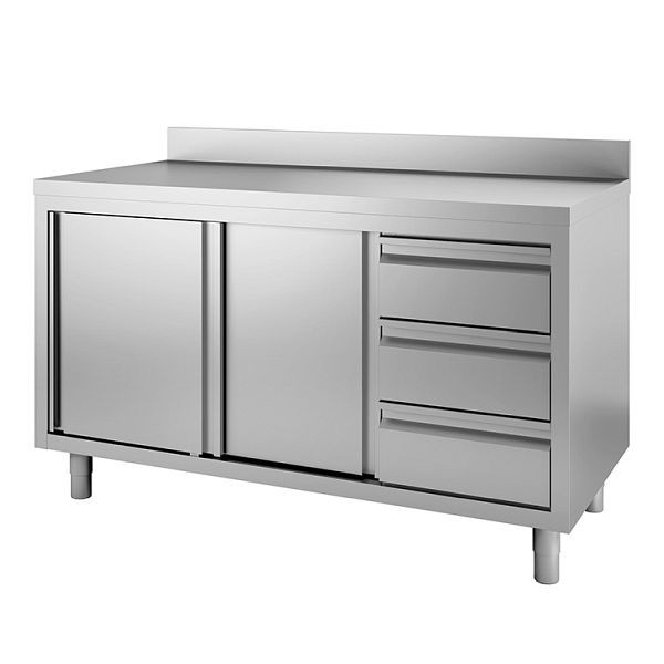 Gastro-Inox Edelstahl Arbeitsschrank mit Drehtüren, 3 Schubladen und Aufkantung, 1200 x 700 x 800 mm, 302.362