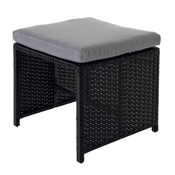 Mendler Poly-Rattan Hocker HWC-K35, Gartenhocker, Sitzhocker, schwarz, Kissen hellgrau, 87882