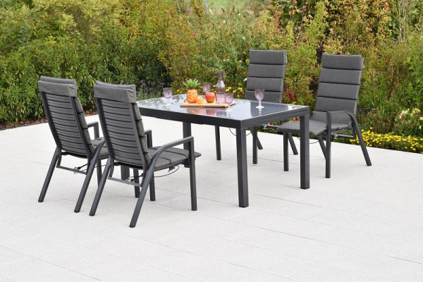 Merxx Siros Set 9-teilig, 4 Siros Sessel, verstellbar durch Gasdruckfeder, 4 Auflagen, uni grau, 1 Ausziehtisch, 150 (210) x 90 cm, 50965-800