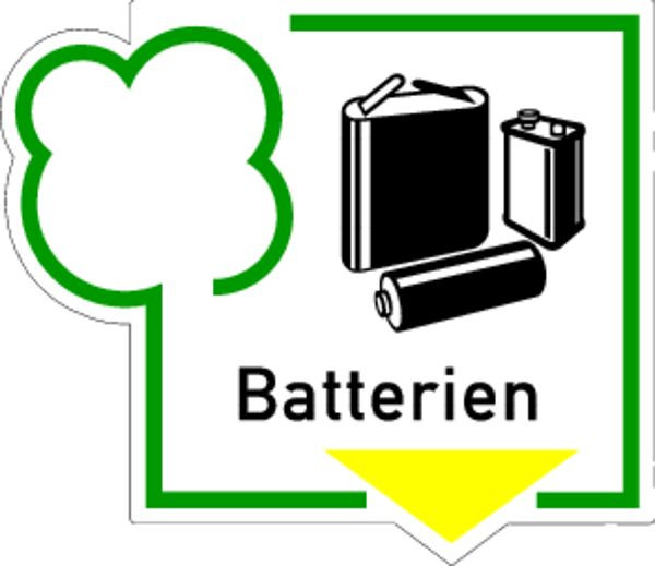 Schilder Klar Recyclingschild Batterien, 125x108 mm Folie selbstklebend, 2101/64