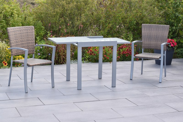 Merxx Savona Set 3-teilig, 2 Stapelsessel, 1 Balkonausziehtisch 65 (130) x 65 cm, Silber/naturgrau, Tischunterkante: 67,5 cm, 50889-228