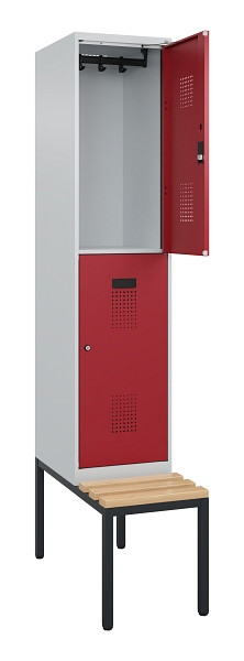 C+P Doppelstock-Spind Evolo PLUS, Bank, 2 Fächer, 2120x400x815mm, 7035/3003, Zylinderschloss, Sitzfläche Buche-Hartholz, Sitzbank, 0493507-12 S10031