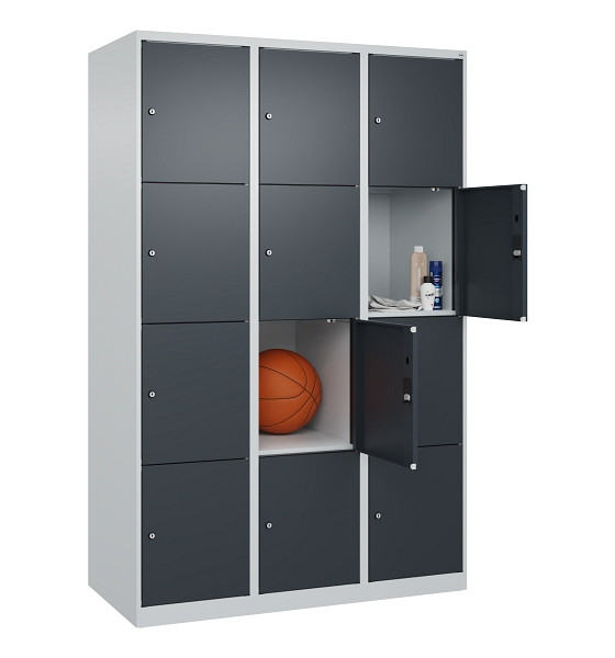 C+P Schließfachschrank Evolo PLUS, 12 Fächer, 1850x1200x500mm, 7035/7016, Abteile 3, Abteilbreite 400 mm, 049000-324 S10012