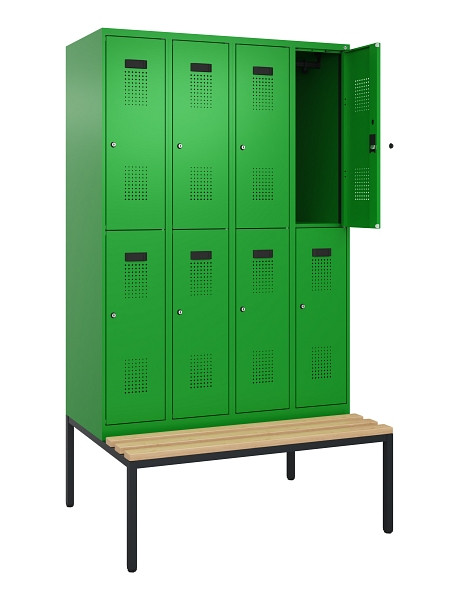 C+P Doppelstock-Spind Evolo PLUS, Bank, 8 Fächer, 2120x1200x815mm, 6037/6037, Zylinderschloss, Sitzfläche Buche-Hartholz, Sitzbank, 0493507-40 S10053